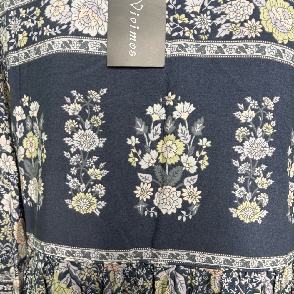 nwt R Vivimos boho Elegant Floral Long Sleeve Dress - Navy and Cream medium - Picture 14 of 17